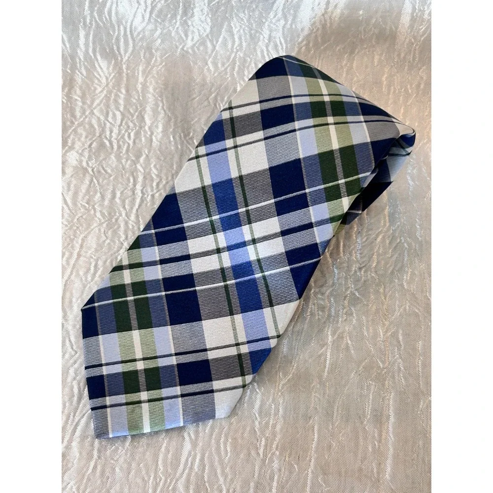 Nautica‎ Mens Blue Green White Plaid 100% Silk Necktie RN 121148